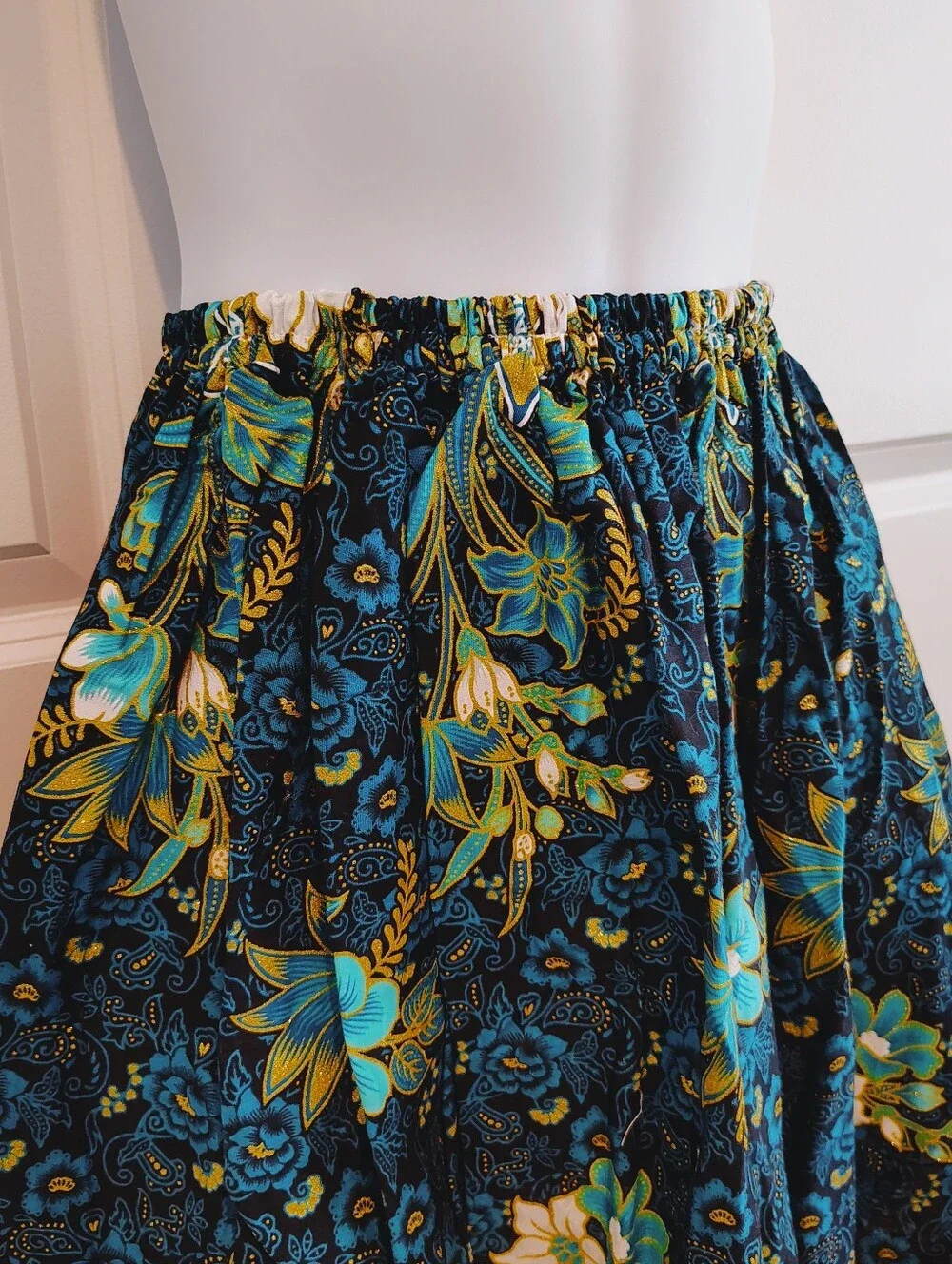Floral & Gold Glitter Midi Skirt (Cambodian Print)